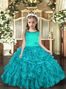 Aqua Blue Organza Lace Up Pageant Dress Sleeveless Floor Length Ruffles