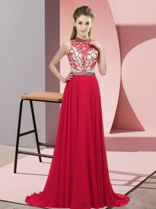New Arrival Red Sleeveless Beading Backless Prom Party Dress