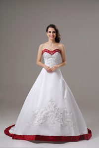 Nice White Satin Lace Up Wedding Dress Sleeveless Brush Train Beading and Embroidery