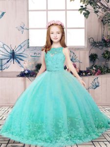 Best Tulle Sleeveless Floor Length Little Girl Pageant Gowns and Lace and Appliques