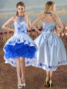 Top Selling Blue And White Sleeveless Satin and Organza Lace Up Prom Gown for Prom and Party and Military Ball