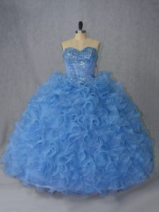 Popular Organza Sleeveless Quince Ball Gowns Brush Train and Beading and Ruffles