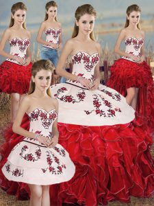 White And Red Sweetheart Lace Up Embroidery and Ruffles and Bowknot 15th Birthday Dress Sleeveless