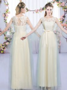 Champagne Sleeveless Lace and Bowknot Floor Length Bridesmaid Dresses