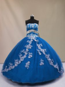 Exceptional Blue Ball Gowns Strapless Sleeveless Tulle Floor Length Lace Up Appliques Sweet 16 Dress