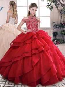 Comfortable High-neck Sleeveless Ball Gown Prom Dress Floor Length Beading and Ruffled Layers Red Organza