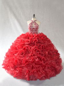 Red Halter Top Lace Up Beading and Ruffles Quince Ball Gowns Brush Train Sleeveless