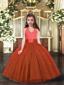 Rust Red Halter Top Lace Up Ruching Child Pageant Dress Sleeveless