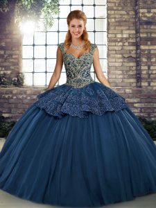 Superior Navy Blue Straps Neckline Beading and Appliques Quinceanera Gowns Sleeveless Lace Up