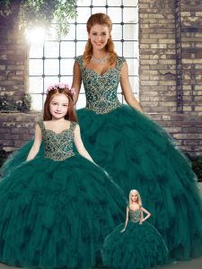 Simple Sleeveless Floor Length Beading and Ruffles Lace Up Quinceanera Gown with Peacock Green