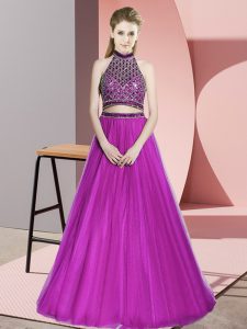 Fuchsia Halter Top Sleeveless Tulle Floor Length Beading Prom Evening Gown