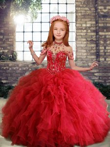 Sleeveless Floor Length Ruffles Lace Up Little Girl Pageant Gowns with Red