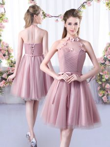 Pink Lace Up Halter Top Appliques and Belt Bridesmaids Dress Tulle Sleeveless