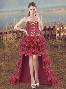 High Low Burgundy Homecoming Dress Organza Sleeveless Embroidery and Ruffles