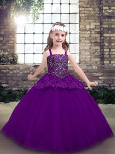 Purple Straps Neckline Beading Little Girls Pageant Dress Wholesale Sleeveless Lace Up