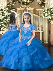 Blue Tulle Lace Up Straps Sleeveless Floor Length Little Girl Pageant Gowns Beading and Ruffles