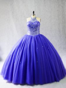 Blue Ball Gowns Beading Quinceanera Dresses Lace Up Tulle Sleeveless