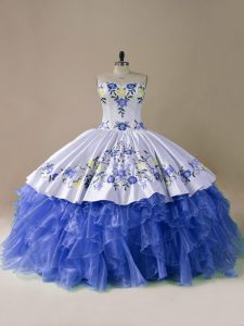 Blue And White 15th Birthday Dress Sweet 16 and Quinceanera with Embroidery and Ruffles Sweetheart Sleeveless Brush Train Lace Up