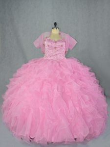 Baby Pink Ball Gowns Organza Sweetheart Sleeveless Beading and Ruffles Floor Length Lace Up Ball Gown Prom Dress
