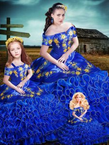 Royal Blue Off The Shoulder Lace Up Embroidery and Ruffles Sweet 16 Quinceanera Dress Sleeveless