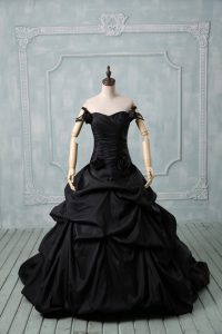 Sleeveless Pick Ups and Hand Made Flower Lace Up 15th Birthday Dress with Black Brush Train