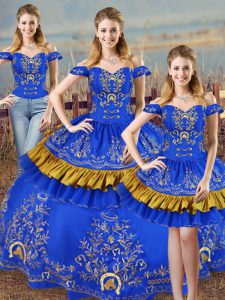 Blue Sleeveless Embroidery Lace Up Quinceanera Gowns
