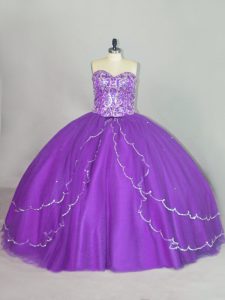 Tulle Sweetheart Sleeveless Brush Train Lace Up Beading and Sequins 15 Quinceanera Dress in Purple