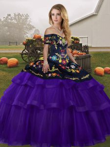 Sophisticated Sleeveless Tulle Brush Train Lace Up Quinceanera Dress in Black And Purple with Embroidery and Ruffled Layers