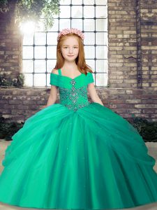 High End Ball Gowns Little Girls Pageant Gowns Turquoise Straps Tulle Sleeveless Floor Length Lace Up