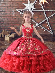 Simple Sleeveless Satin and Organza Floor Length Lace Up Little Girls Pageant Gowns in Red with Embroidery and Ruffled Layers