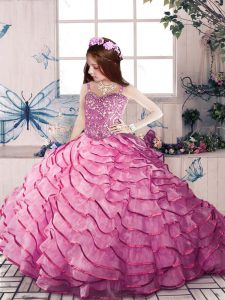 Pink Lace Up Pageant Dress for Teens Beading and Ruffled Layers Sleeveless Court Train