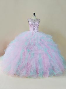 Multi-color Scoop Lace Up Beading and Ruffles Ball Gown Prom Dress Sleeveless