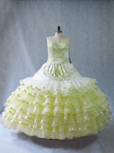 Yellow Green Ball Gowns Organza Sweetheart Sleeveless Embroidery and Ruffled Layers Floor Length 15th Birthday Dress