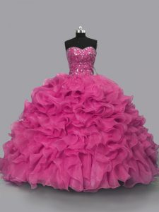 Most Popular Floor Length Lace Up 15th Birthday Dress Hot Pink for Sweet 16 and Quinceanera with Beading