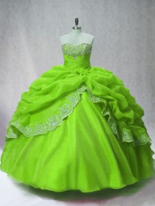 New Style Long Sleeves Organza Floor Length Lace Up Ball Gown Prom Dress in Green with Beading and Appliques and Pick Ups