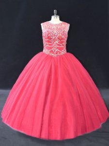 Flare Ball Gowns Vestidos de Quinceanera Coral Red Scoop Tulle Long Sleeves Floor Length Lace Up