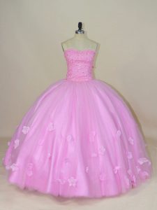 Lilac Ball Gowns Beading and Hand Made Flower Quinceanera Gown Lace Up Tulle Sleeveless Floor Length