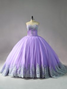 Designer Lace Up Sweet 16 Quinceanera Dress Lavender for Sweet 16 and Quinceanera with Appliques Court Train