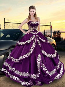Cheap Purple Sweetheart Neckline Embroidery and Ruffled Layers Quinceanera Dress Sleeveless Lace Up