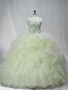 Tulle Sweetheart Sleeveless Brush Train Lace Up Beading 15th Birthday Dress in Yellow Green