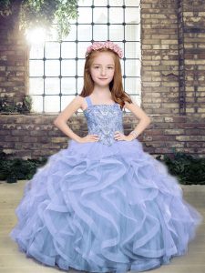 New Arrival Light Blue Ball Gowns Tulle Straps Sleeveless Beading Floor Length Lace Up Girls Pageant Dresses