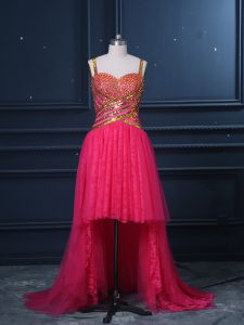 Hot Pink Sleeveless Tulle Zipper Dress for Prom for Prom and Party and Military Ball
