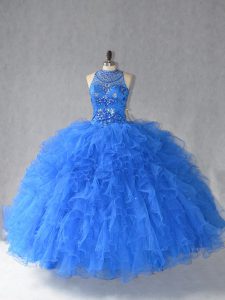Royal Blue Ball Gowns Halter Top Sleeveless Tulle Floor Length Lace Up Beading and Ruffles Sweet 16 Quinceanera Dress
