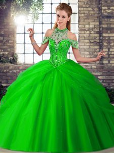 Green Quinceanera Dress Military Ball and Sweet 16 and Quinceanera with Beading and Pick Ups Halter Top Sleeveless Brush Train Lace Up