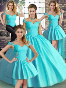 Simple Aqua Blue Lace Up Quince Ball Gowns Beading Sleeveless Floor Length