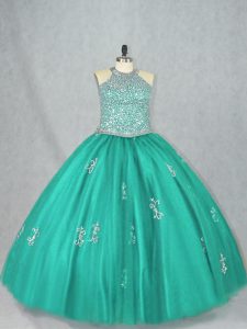 Halter Top Sleeveless Sweet 16 Dress Floor Length Beading and Appliques Turquoise Tulle