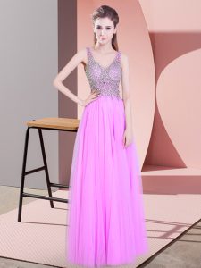 Fantastic Lilac Tulle Zipper Prom Gown Sleeveless Floor Length Beading