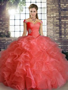 Ball Gowns Quince Ball Gowns Watermelon Red Off The Shoulder Organza Sleeveless Floor Length Lace Up