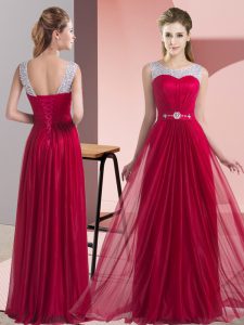 Stunning Wine Red Sleeveless Beading and Belt Floor Length Wedding Party Dress