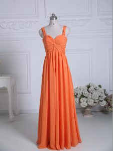 Stunning Sleeveless Floor Length Ruching Zipper Bridesmaid Dress with Orange